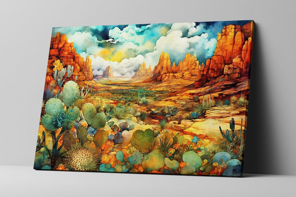 The image is a vibrant and colorful painting depicting a desert landscape with towering red rock formations, lush green vegetation, and a cloudy sky.