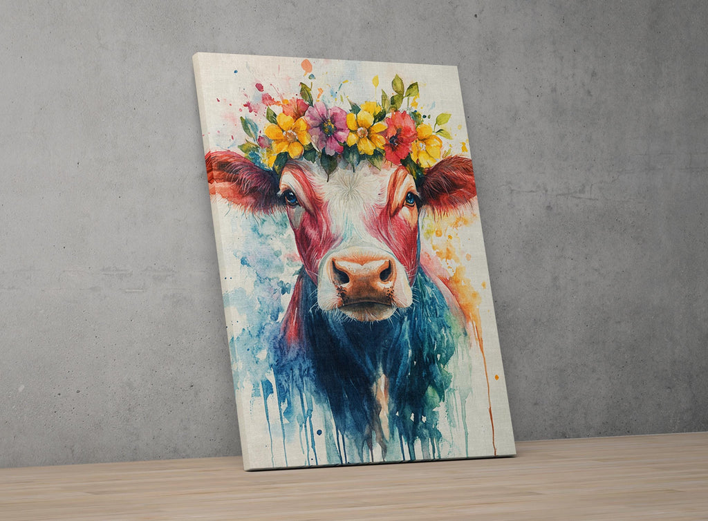 A vibrant painting of a cow with a colorful flower crown on its head, set against a gray wall.