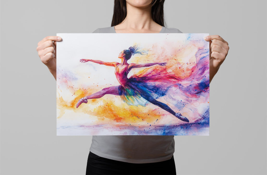 A woman is holding up a colorful painting of a ballerina in mid-jump, with vibrant splashes of color surrounding her.