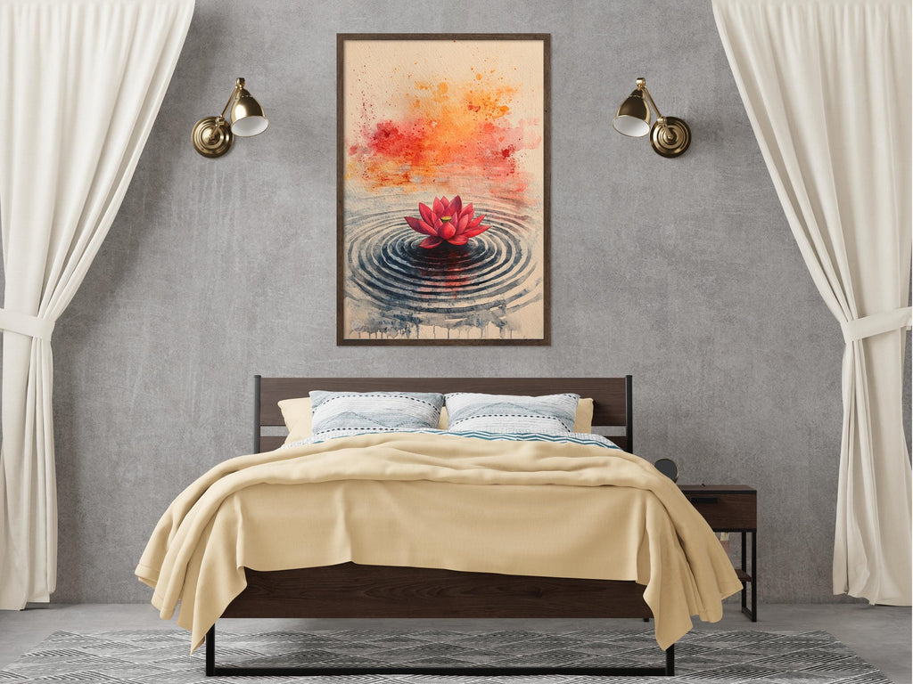 a bedroom with a large bed, a nightstand, and a framed painting of a water lily on the wall above the bed.