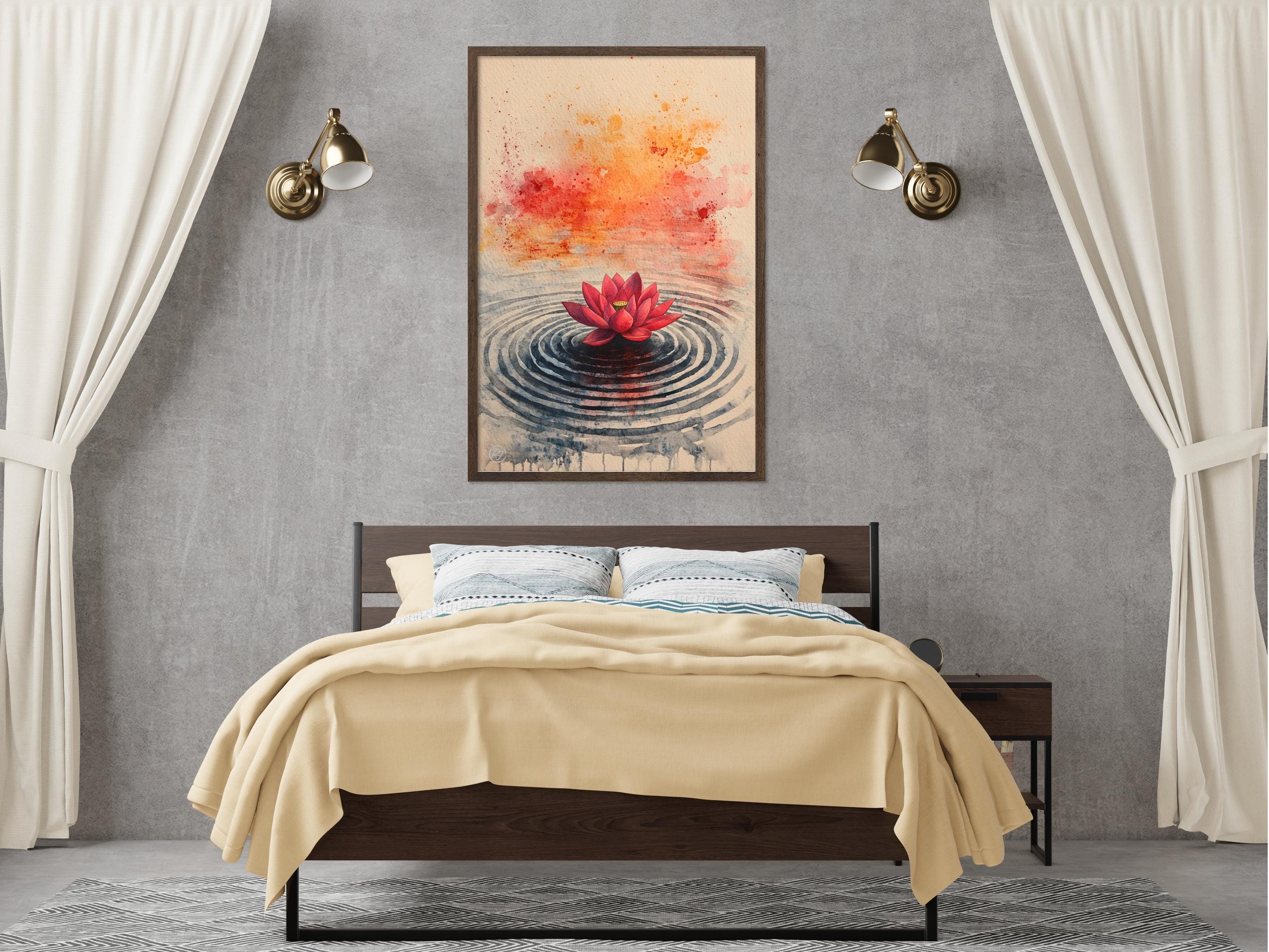 a bedroom with a large bed, a nightstand, and a framed painting of a water lily on the wall above the bed.