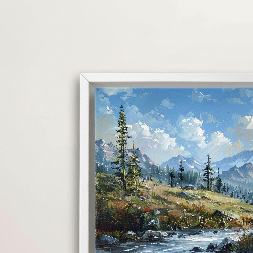 The image is a framed painting depicting a serene mountain landscape with a river, pine trees, and a cloudy sky.