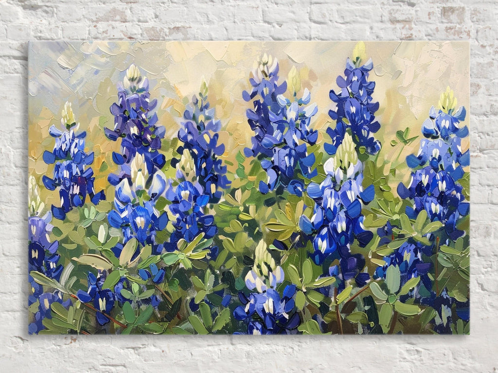 A painting of blue lupine flowers against a yellow background, with the flowers in full bloom and surrounded by lush green foliage.