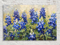 A painting of blue lupine flowers against a yellow background, with the flowers in full bloom and surrounded by lush green foliage.