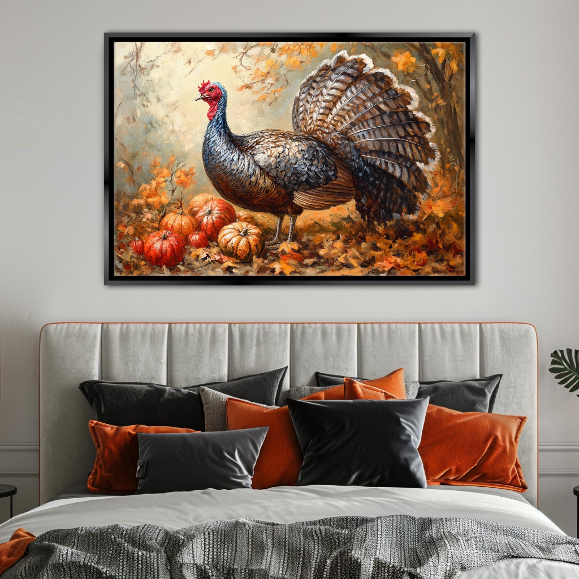 a large painting of a turkey standing on a bed with autumn leaves and pumpkins in the background.