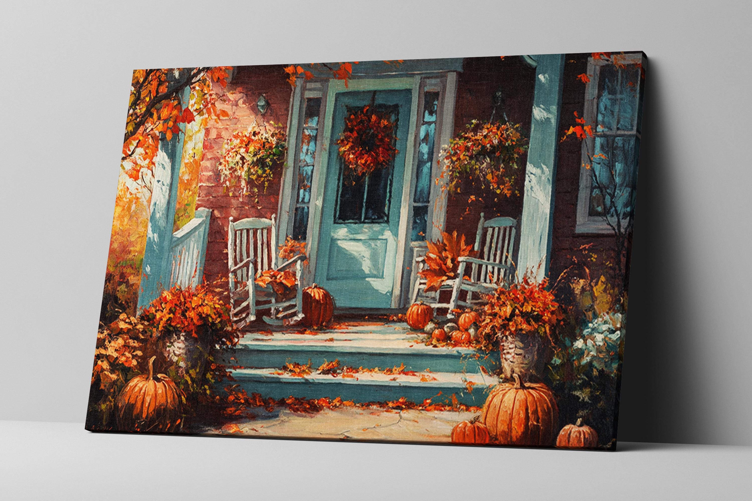 a vibrant autumn scene with a porch adorned with pumpkins, a wreath, and a vase of flowers. The porch is surrounded by a brick wall and features a blue door and white rocking chairs. The scene is illuminated by the warm glow of the fall foliage, creating a cozy and inviting atmosphere.