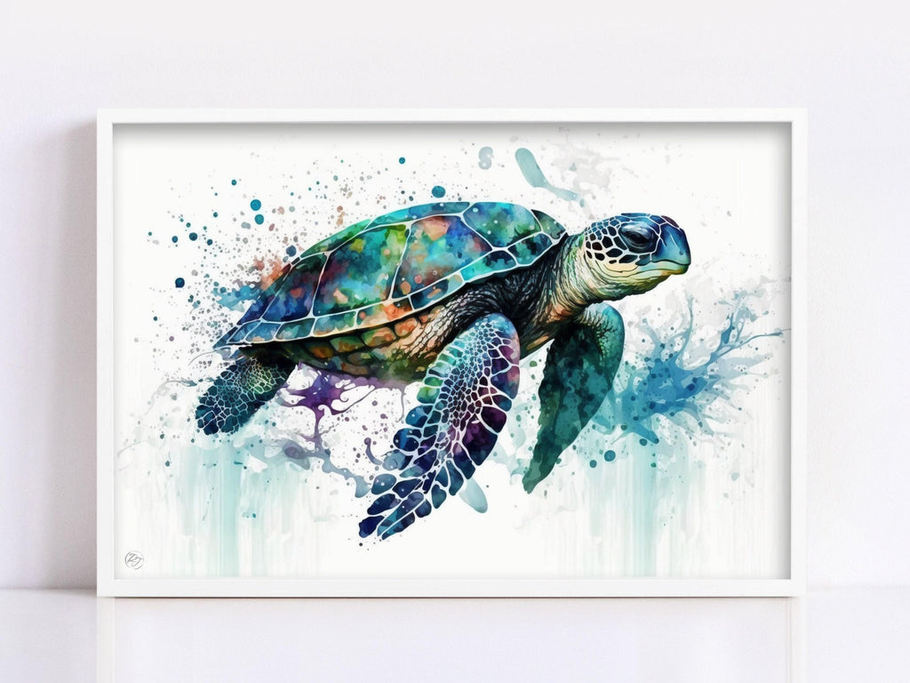 A colorful painting of a sea turtle swimming in the ocean, with splashes of water and paint creating a vibrant and dynamic scene.