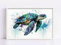 A colorful painting of a sea turtle swimming in the ocean, with splashes of water and paint creating a vibrant and dynamic scene.