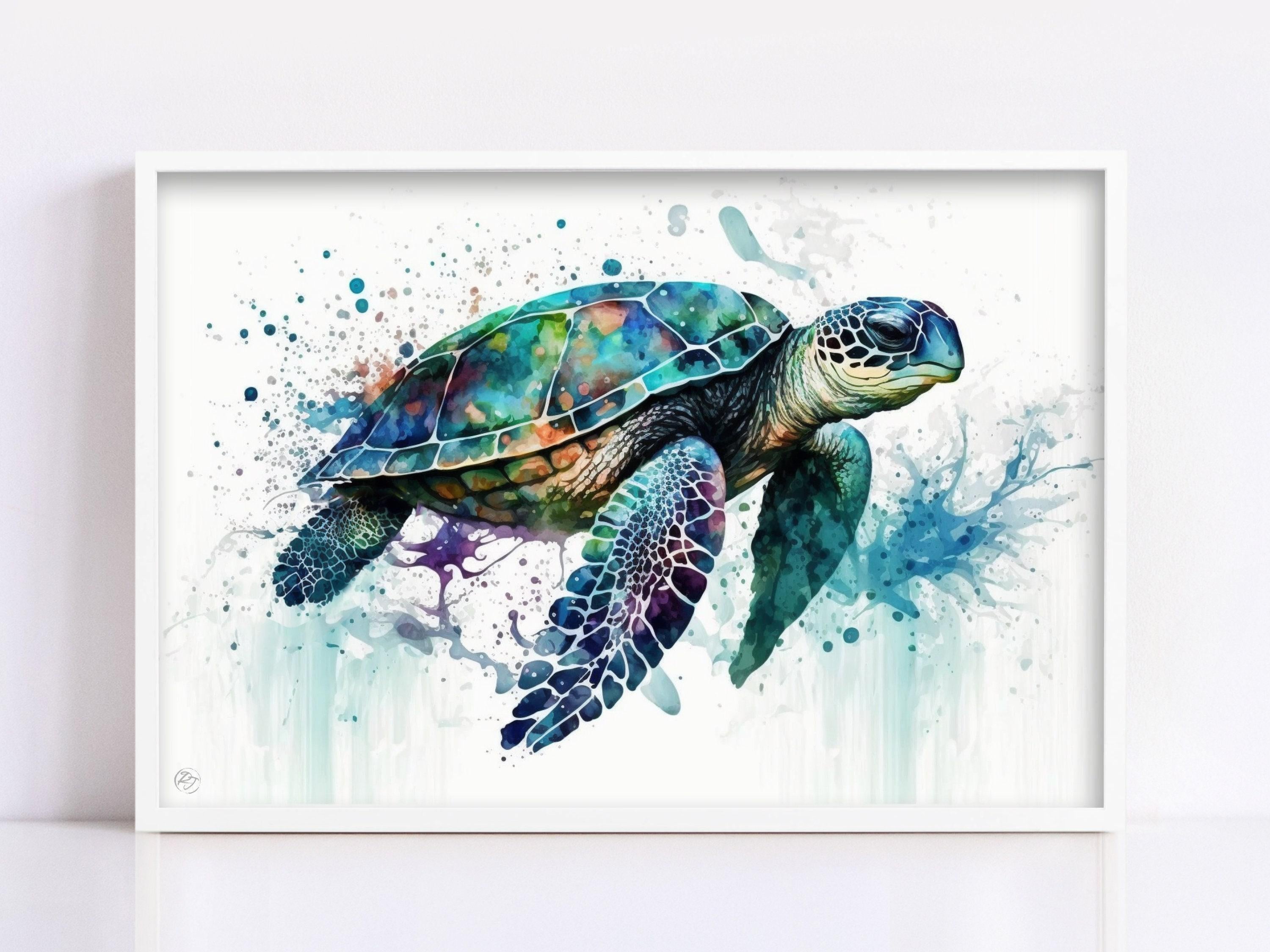A colorful painting of a sea turtle swimming in the ocean, with splashes of water and paint creating a vibrant and dynamic scene.