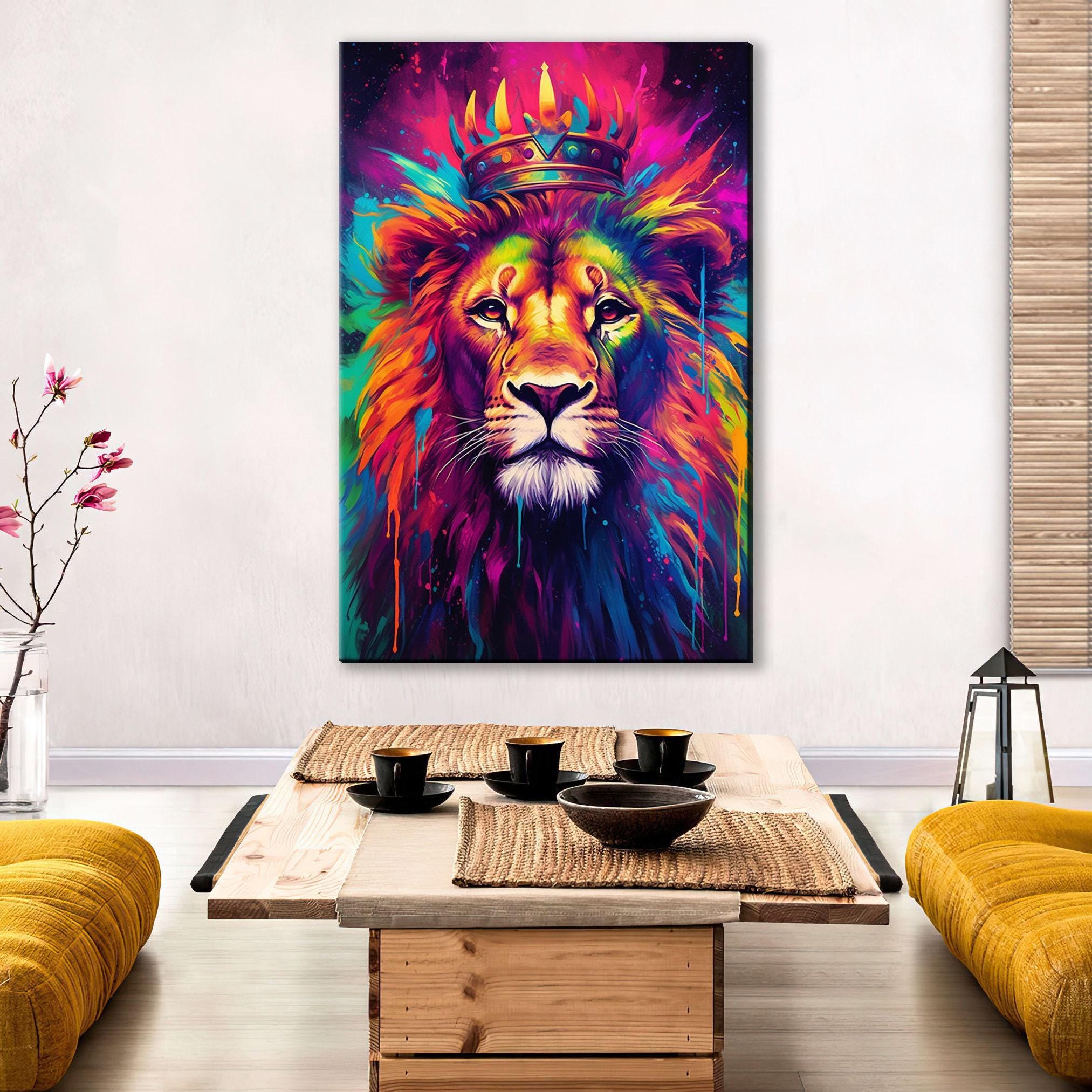 Lion Canvas Wall Art - Majestic Crown Lion Painting on Large Gallery Wrapped Canvas