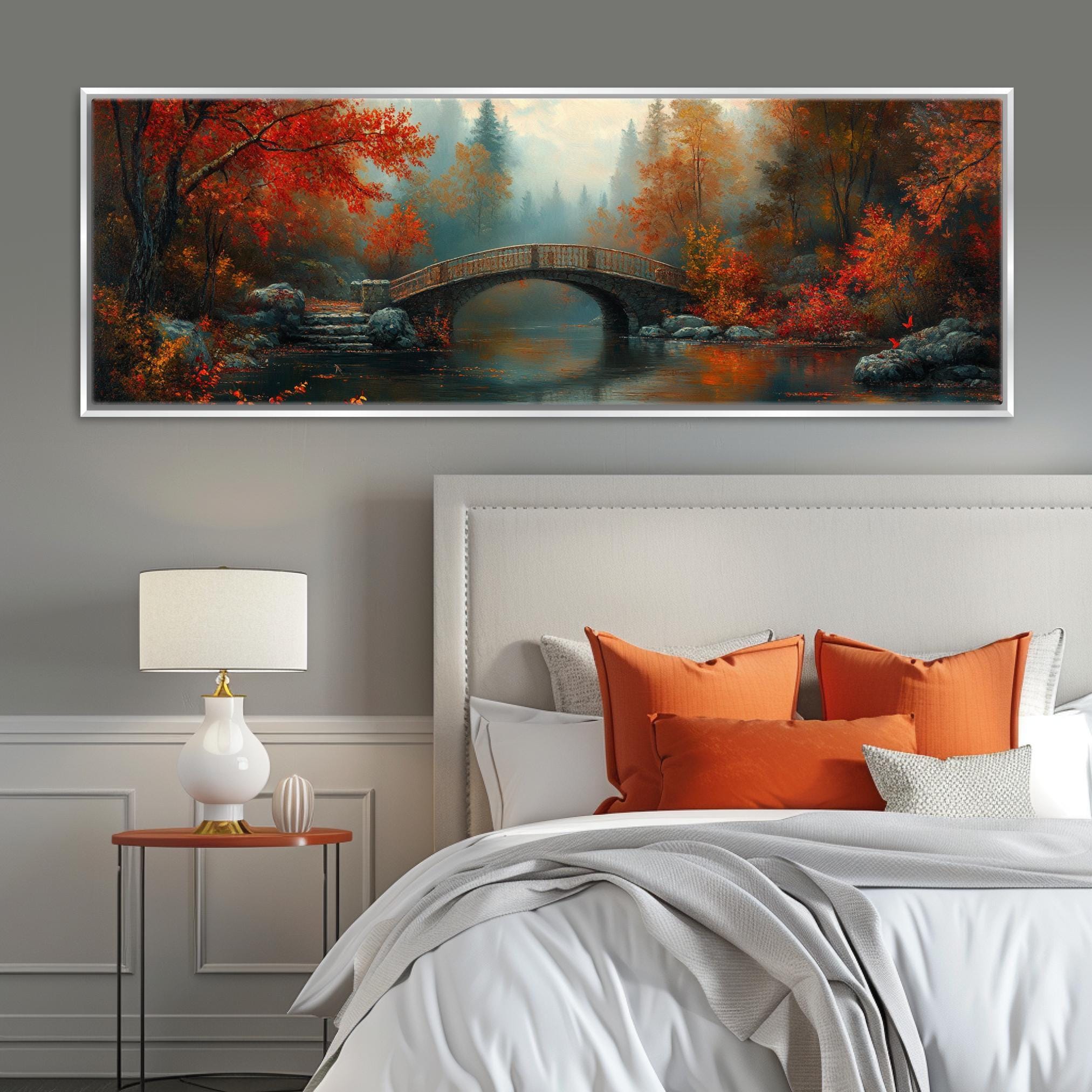 Autumn Countryside Canvas - Extra Large Framed Cozy Fall Wall Art, Panoramic Gallery Wrapped