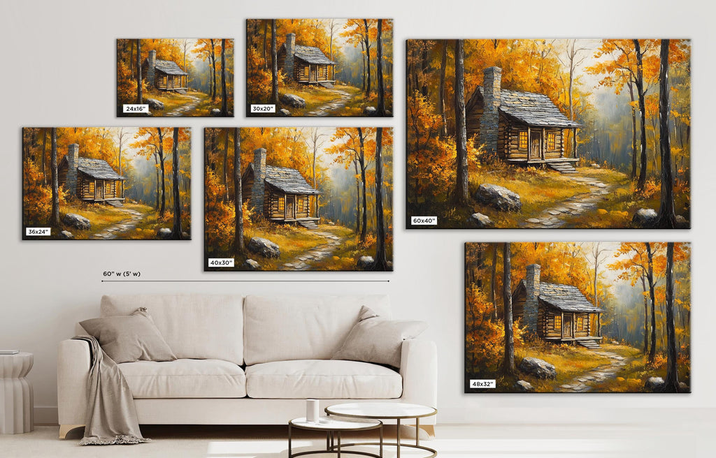 The image is a collage of five paintings depicting a cabin in a forest setting, with a white couch in the foreground.