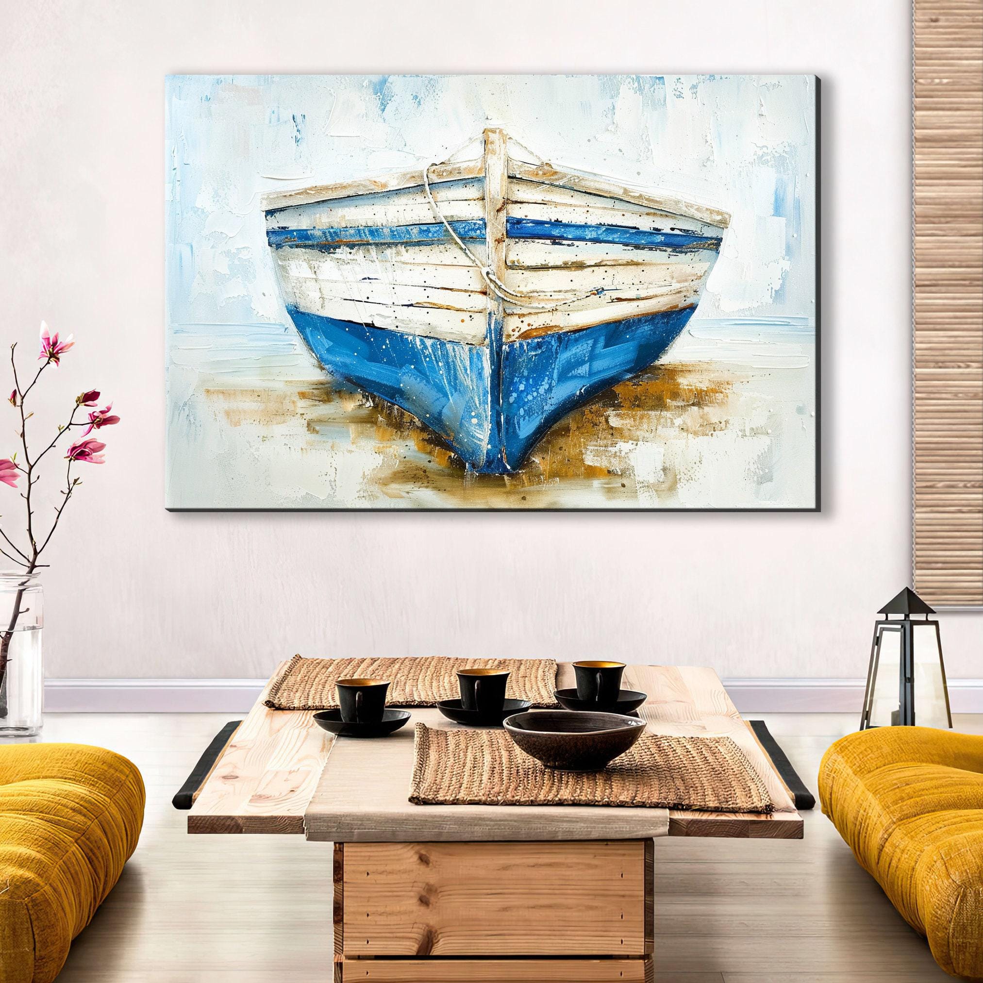 Coastal Blue White Boat - Gallery Wrapped Canvas | Extra Large Nautical Wall Art