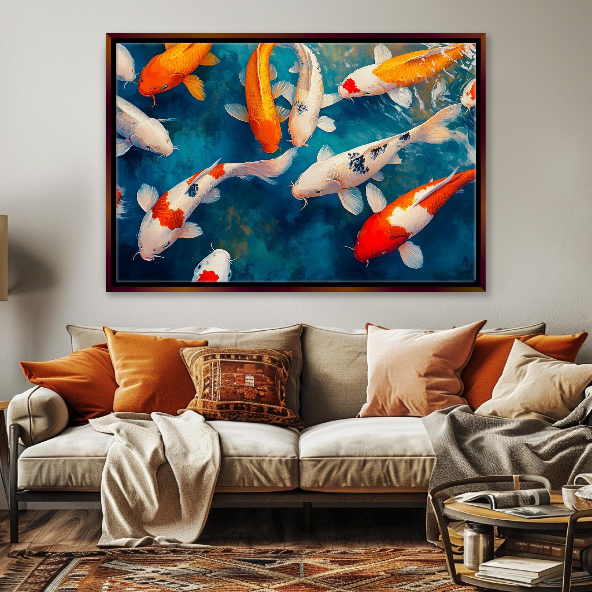 a living room with a couch and a painting on the wall