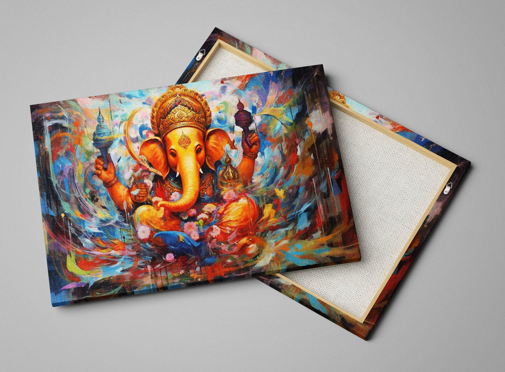 Ganesha Canvas Art – Large Hindu Wall Art With Wooden Frame | Vibrant Spiritual Painting