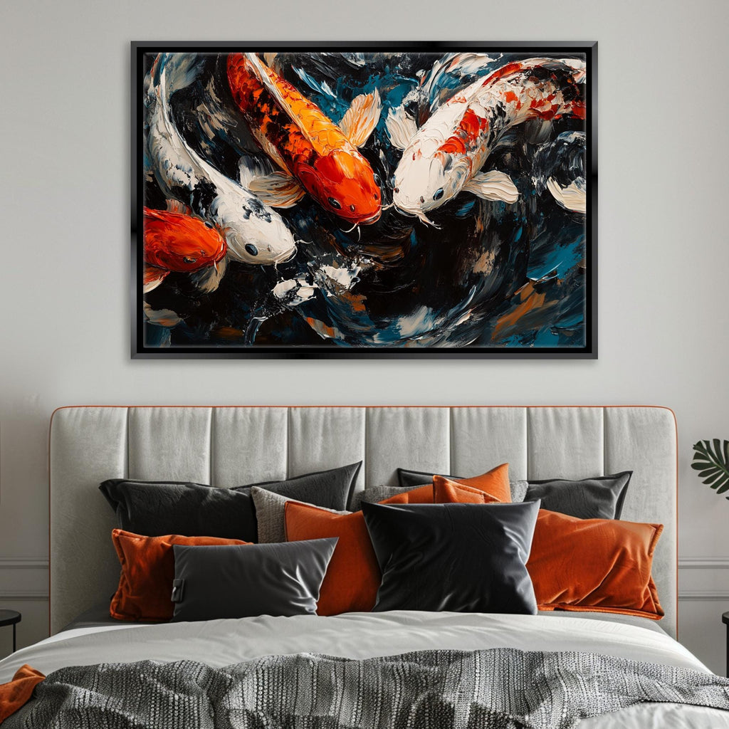 a painting of two koi fish swimming in a pond