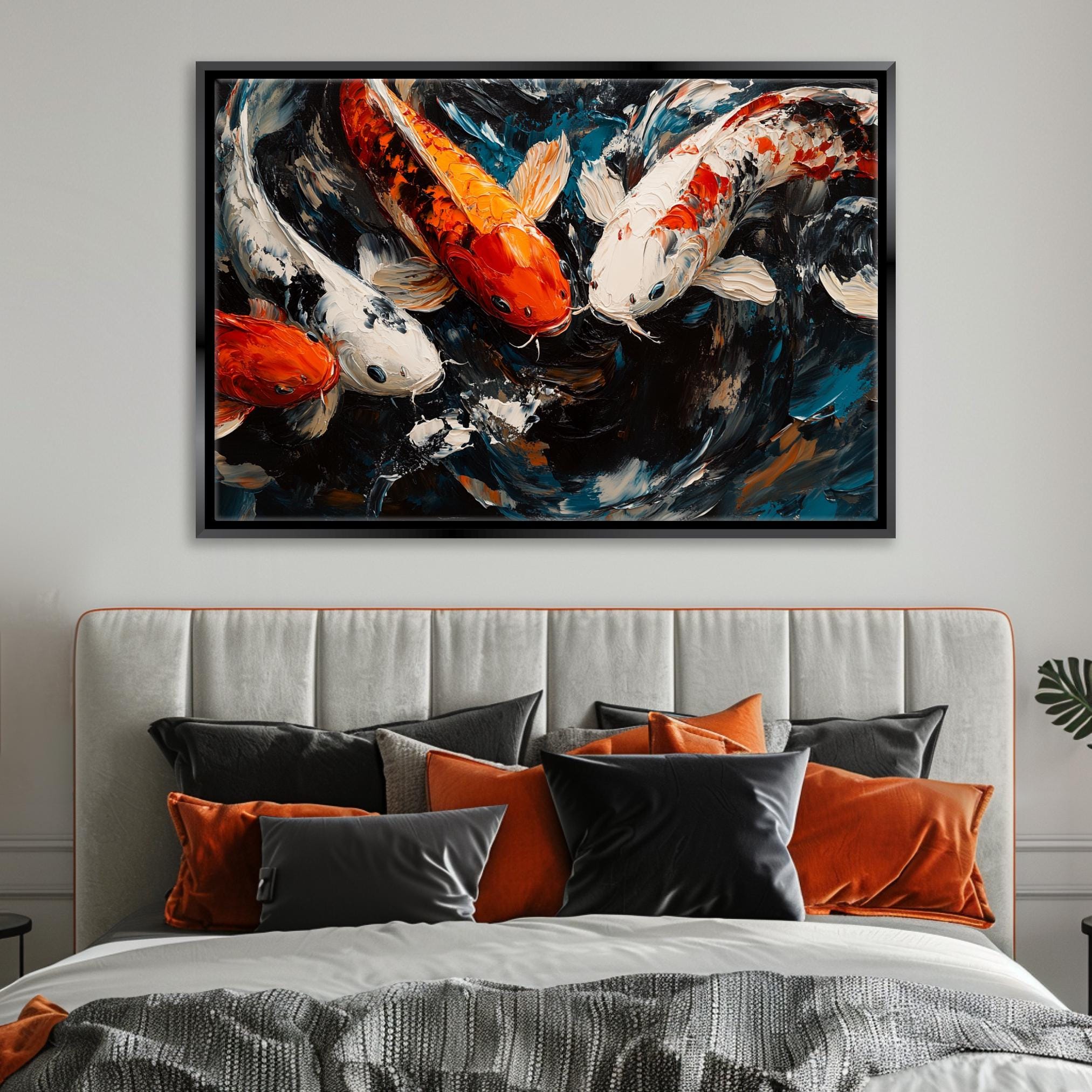 a painting of two koi fish swimming in a pond