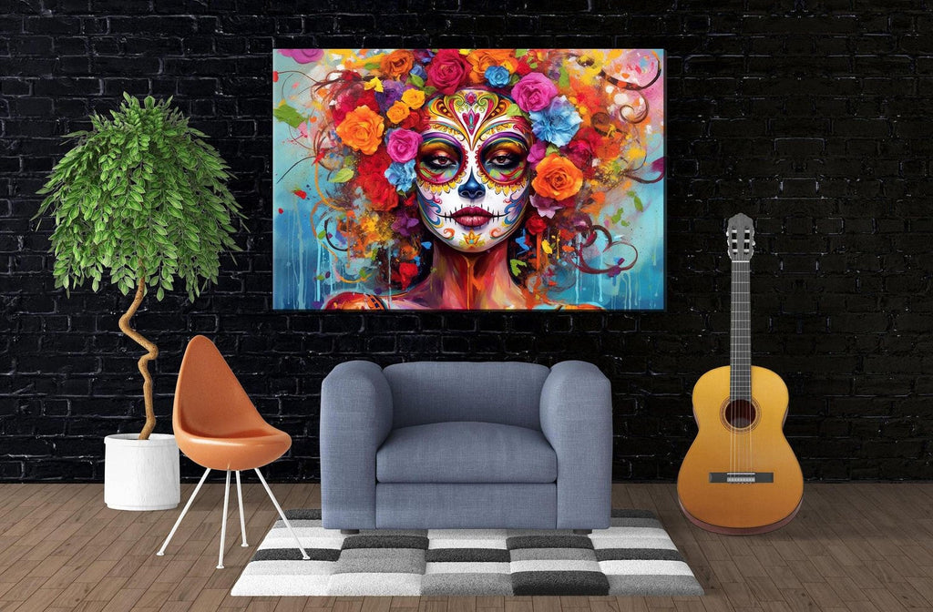 a vibrant and colorful painting of a woman's face with a floral design, hanging on a black brick wall. In front of the painting, there is a gray armchair, a potted plant, and a guitar.