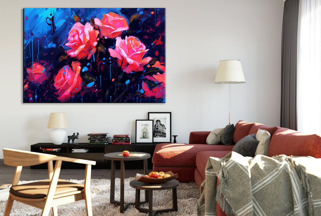 Abstract Roses Canvas | Extra Large Floral Wall Decor - Vibrant Paint Drip Artwork
