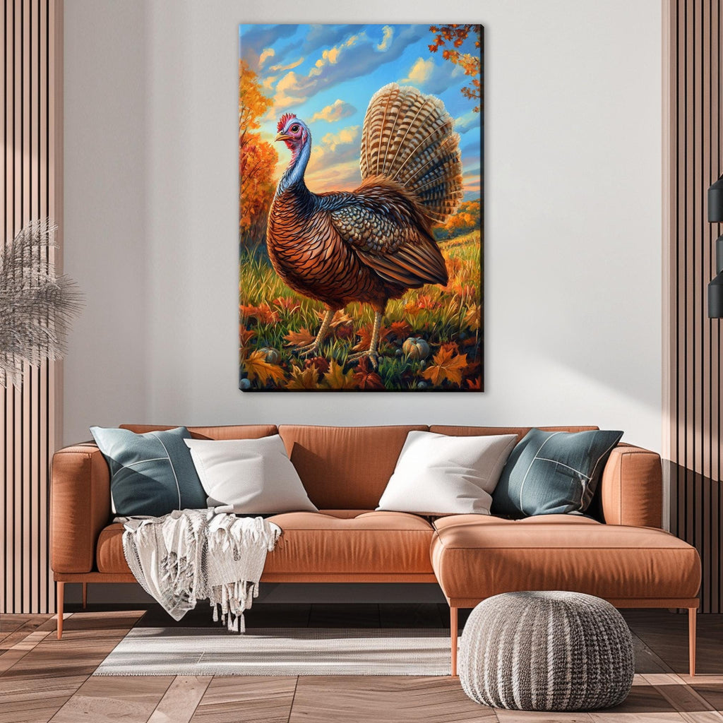 a large painting of a turkey standing in a field with autumn foliage in the background.