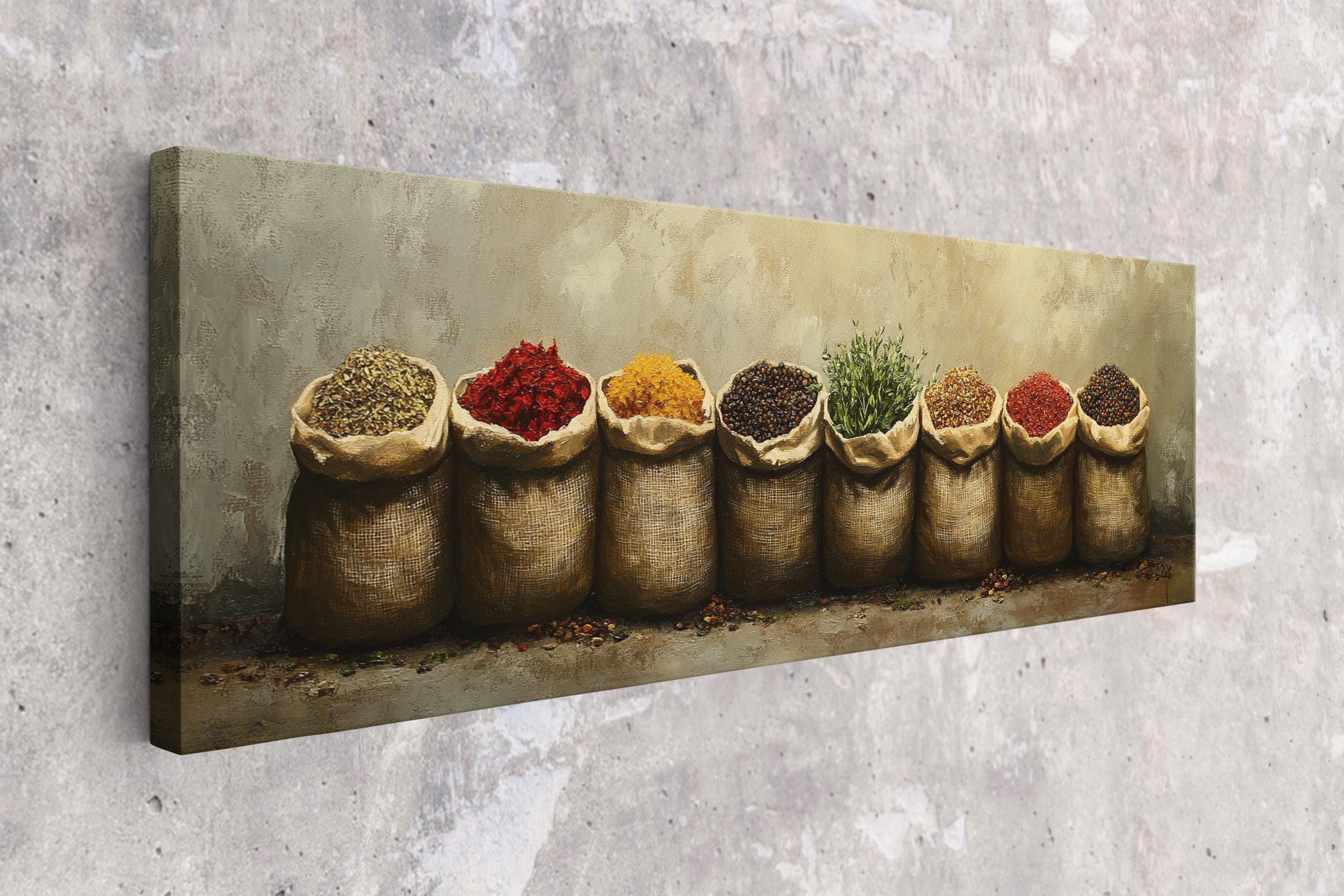 a painting of a row of bags filled with spices
