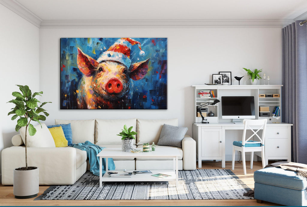 Santa Pig Painting - Whimsical Christmas Canvas Art | Extra Large Gallery Wrapped Print