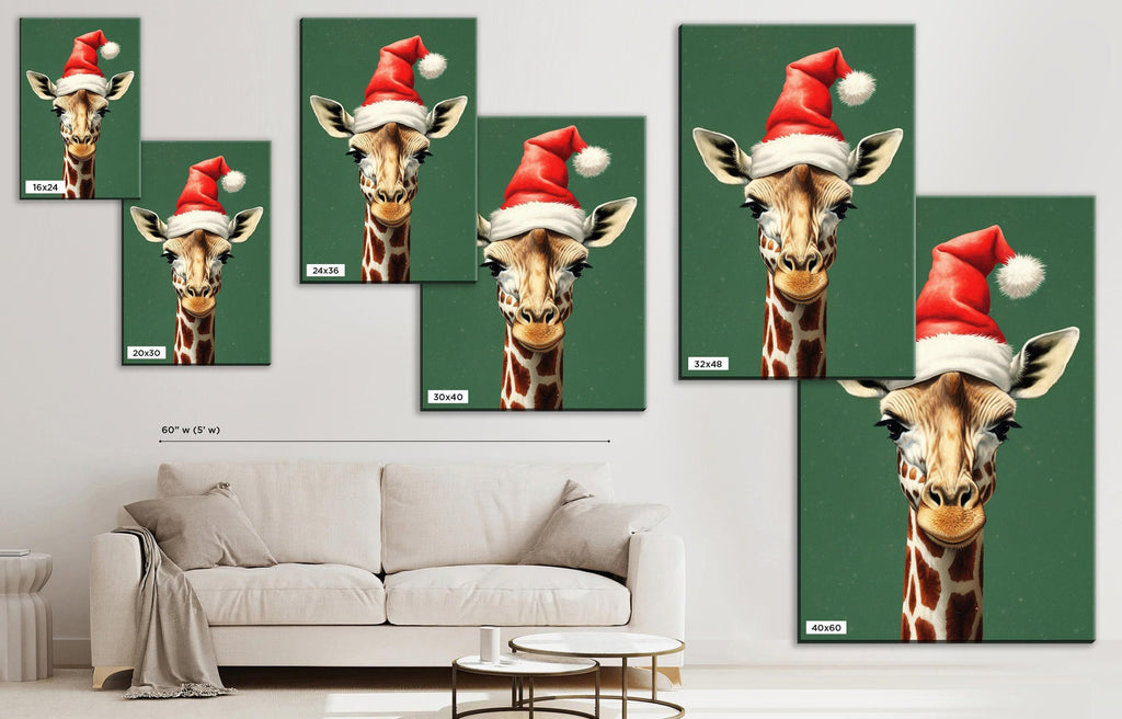 Christmas Canvas Art – Whimsical Giraffe in Santa Hat | Norman Rockwell Style Holiday Decor