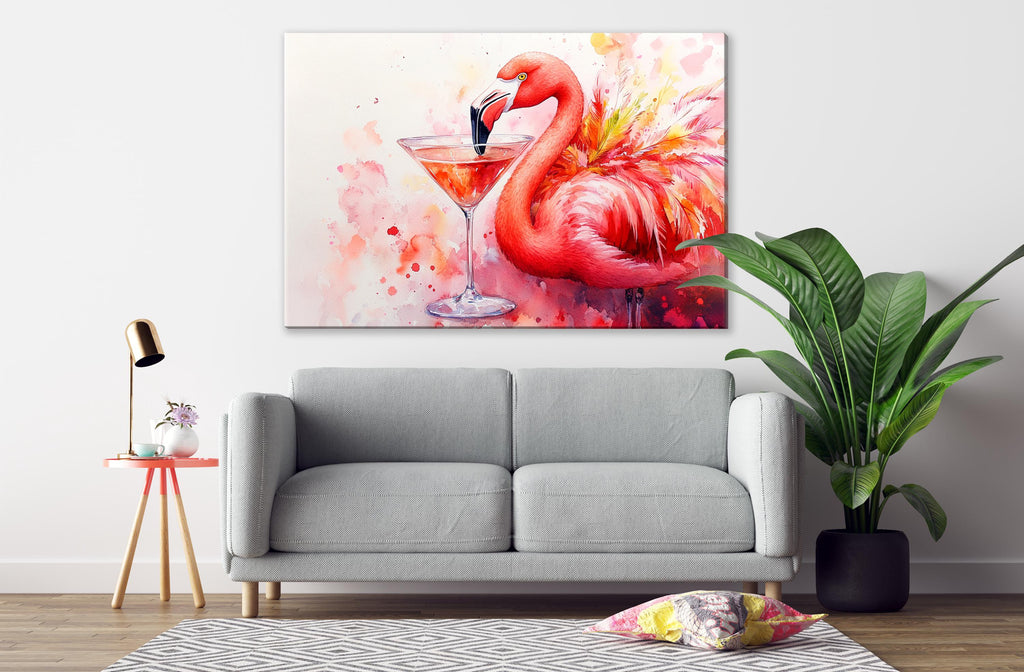 a large painting of a flamingo with a martini glass on a white wall, accompanied by a gray sofa, a small table with a lamp, and a potted plant.