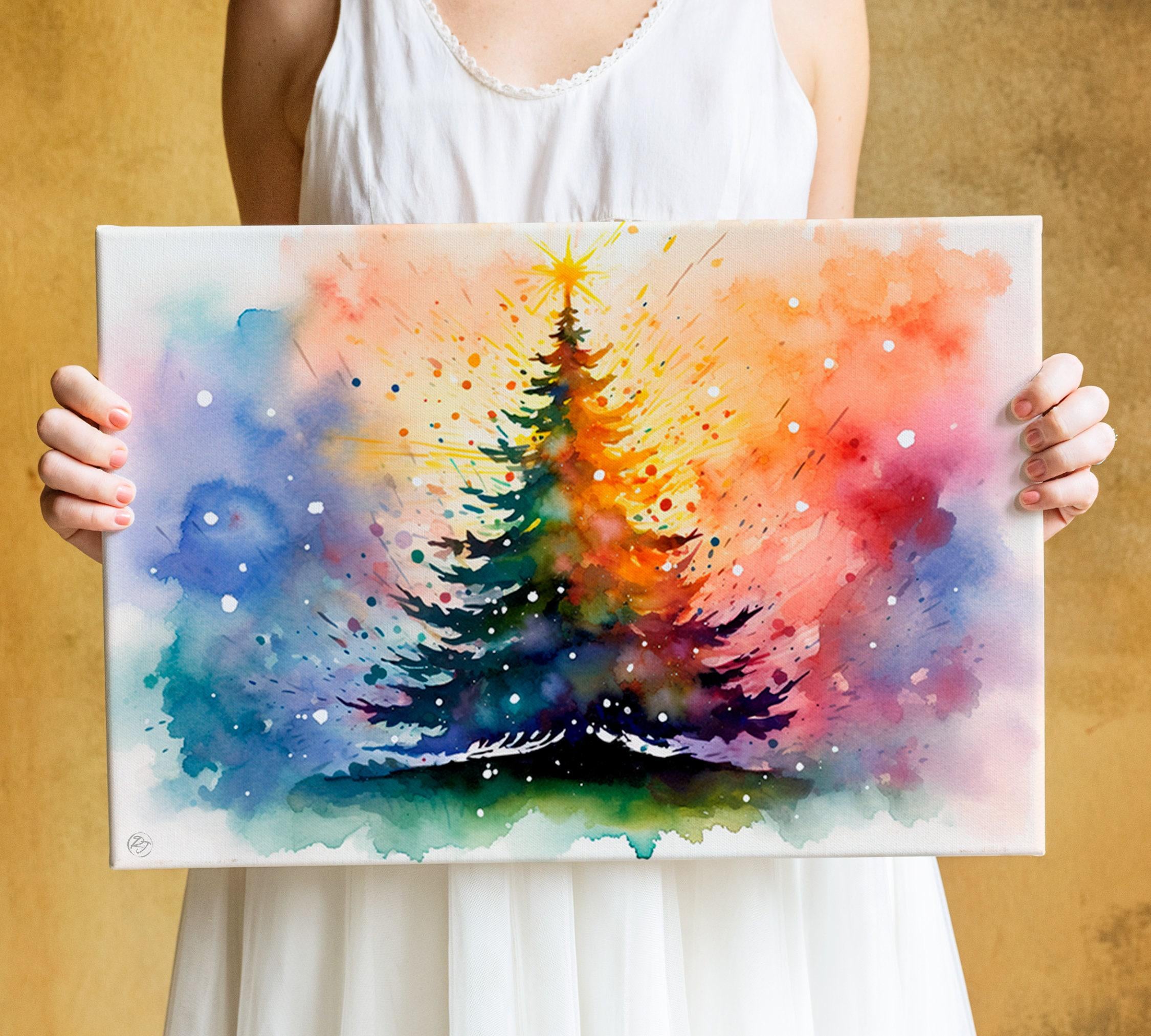 Charming Watercolor Christmas Tree - Winter Wonderland Art, Print on Canvas, Artist Paper, Watercolor Paper, Available in Extra Large Sizes