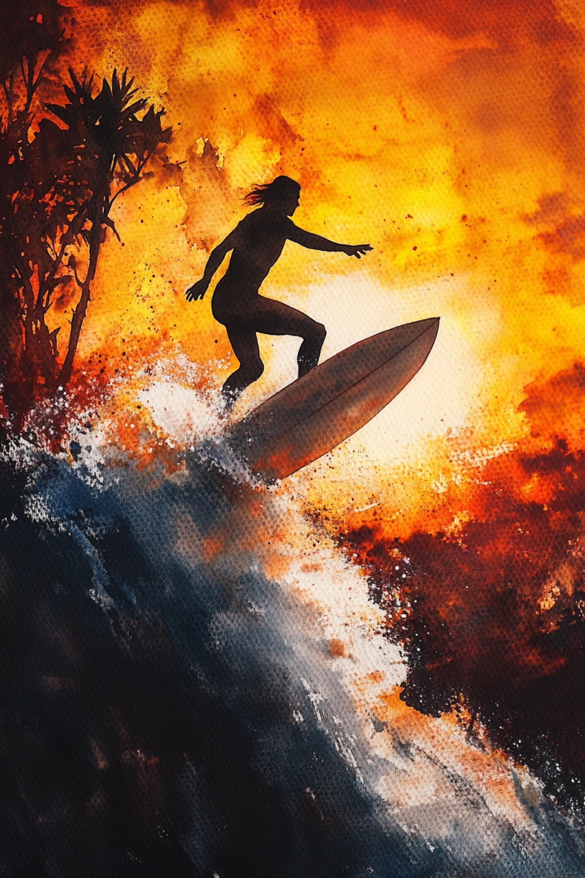 A surfer riding a wave against a fiery sunset backdrop.