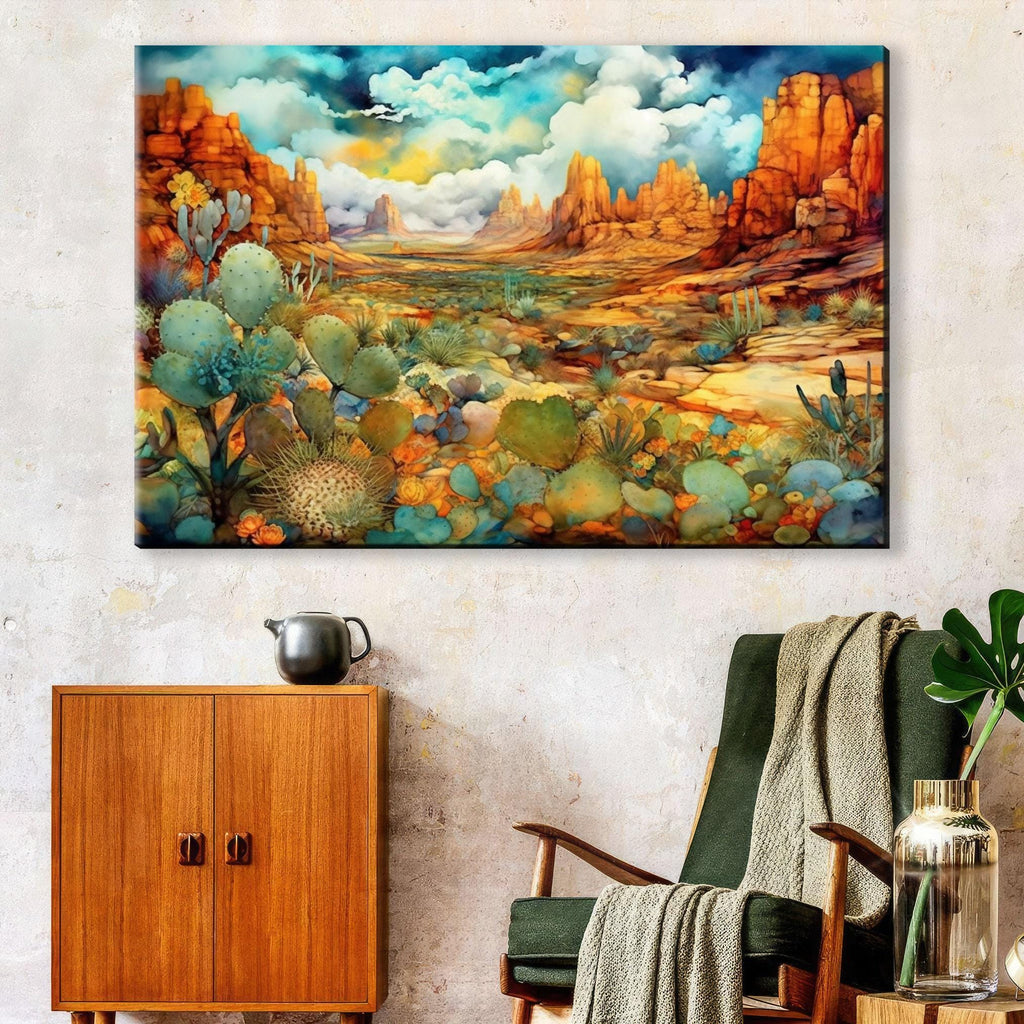 a vibrant desert landscape with towering red rock formations, lush green vegetation, and a cloudy sky.