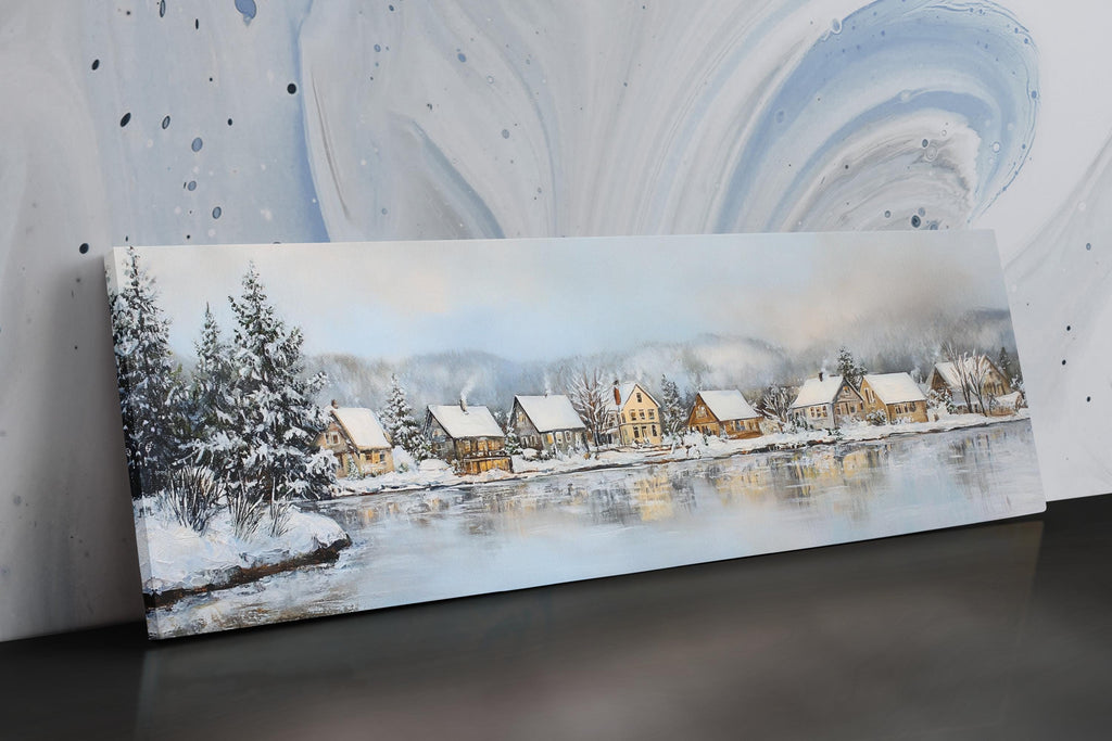 a painting of a snowy village by a lake