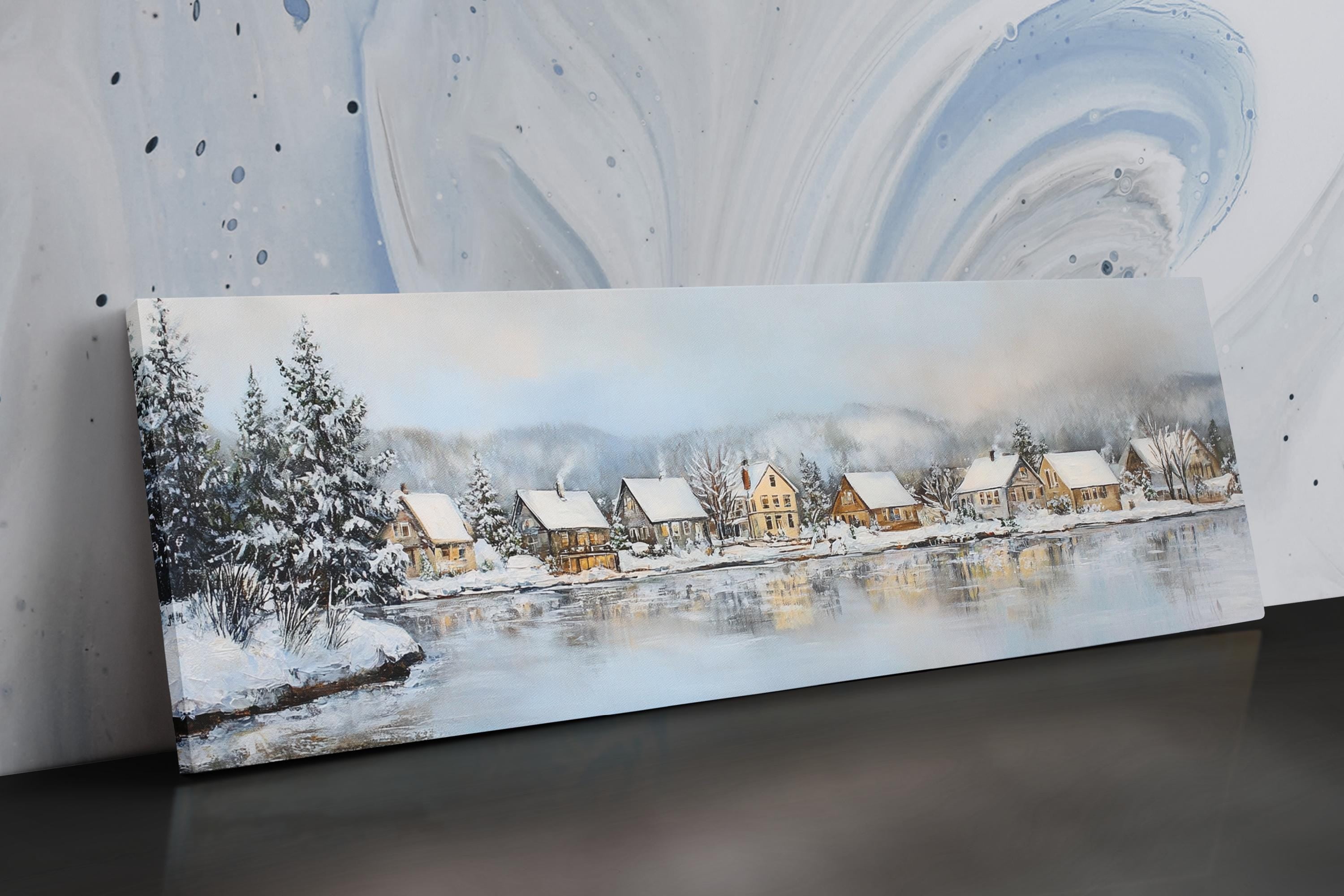 a painting of a snowy village by a lake