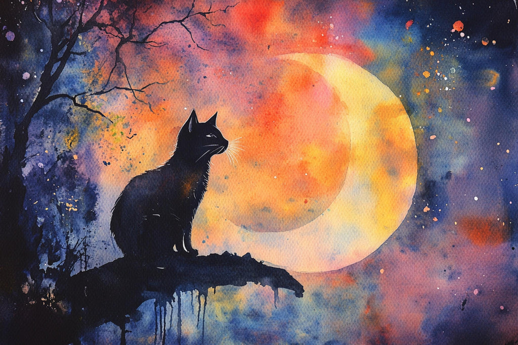 A black cat sits on a branch, gazing up at a large crescent moon against a vibrant, colorful night sky.
