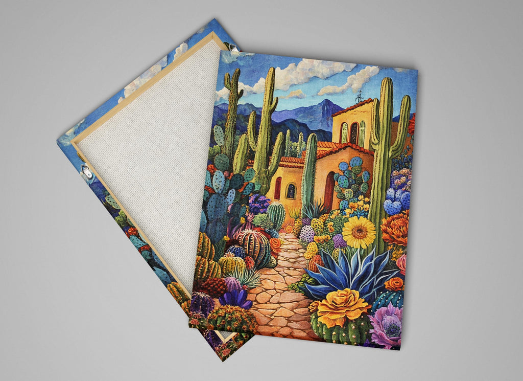a painting of a cactus garden with a house in the background