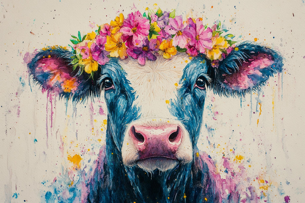 A cow with a colorful flower crown on its head, surrounded by splashes of paint and vibrant colors.