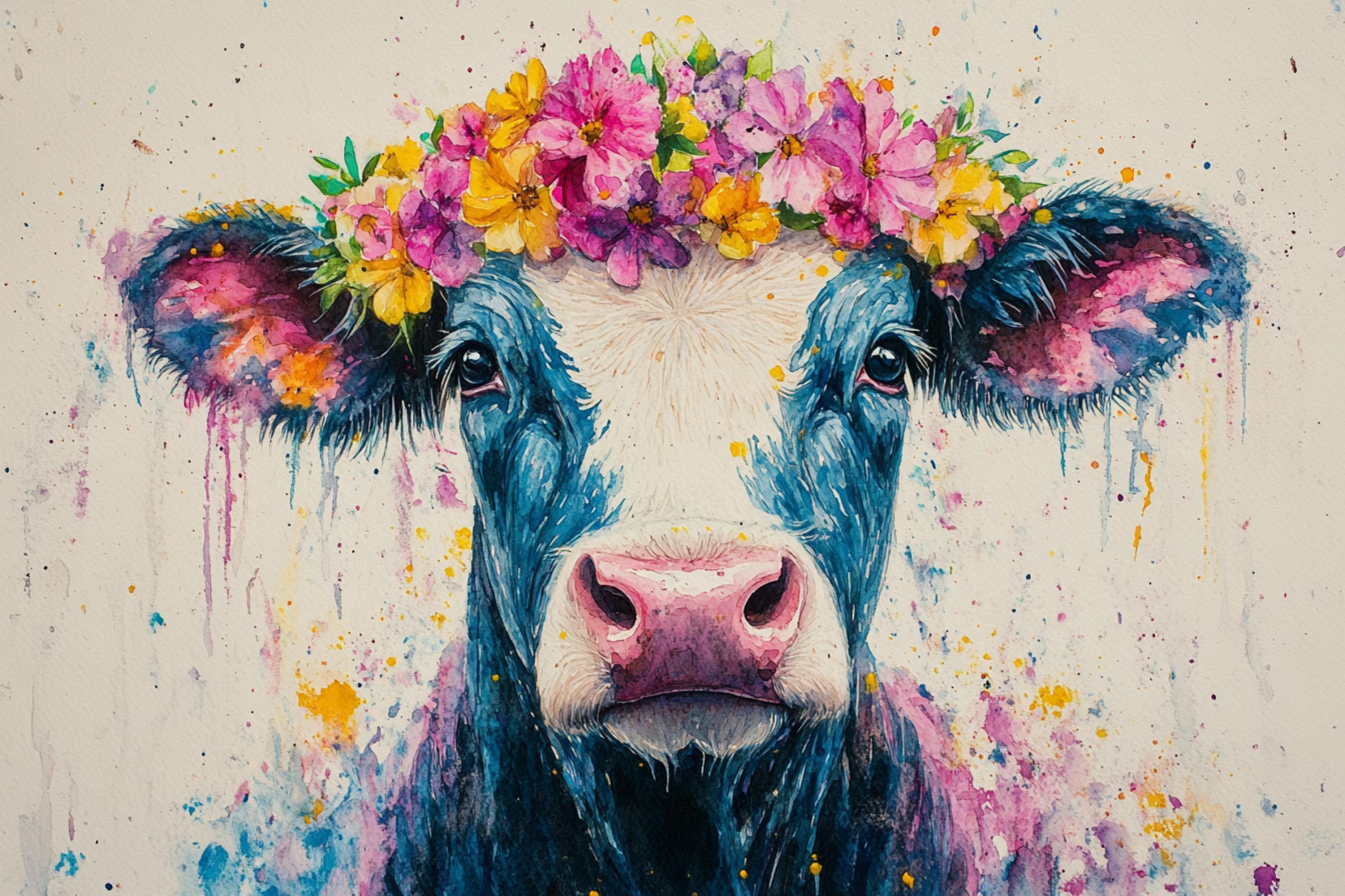 A cow with a colorful flower crown on its head, surrounded by splashes of paint and vibrant colors.
