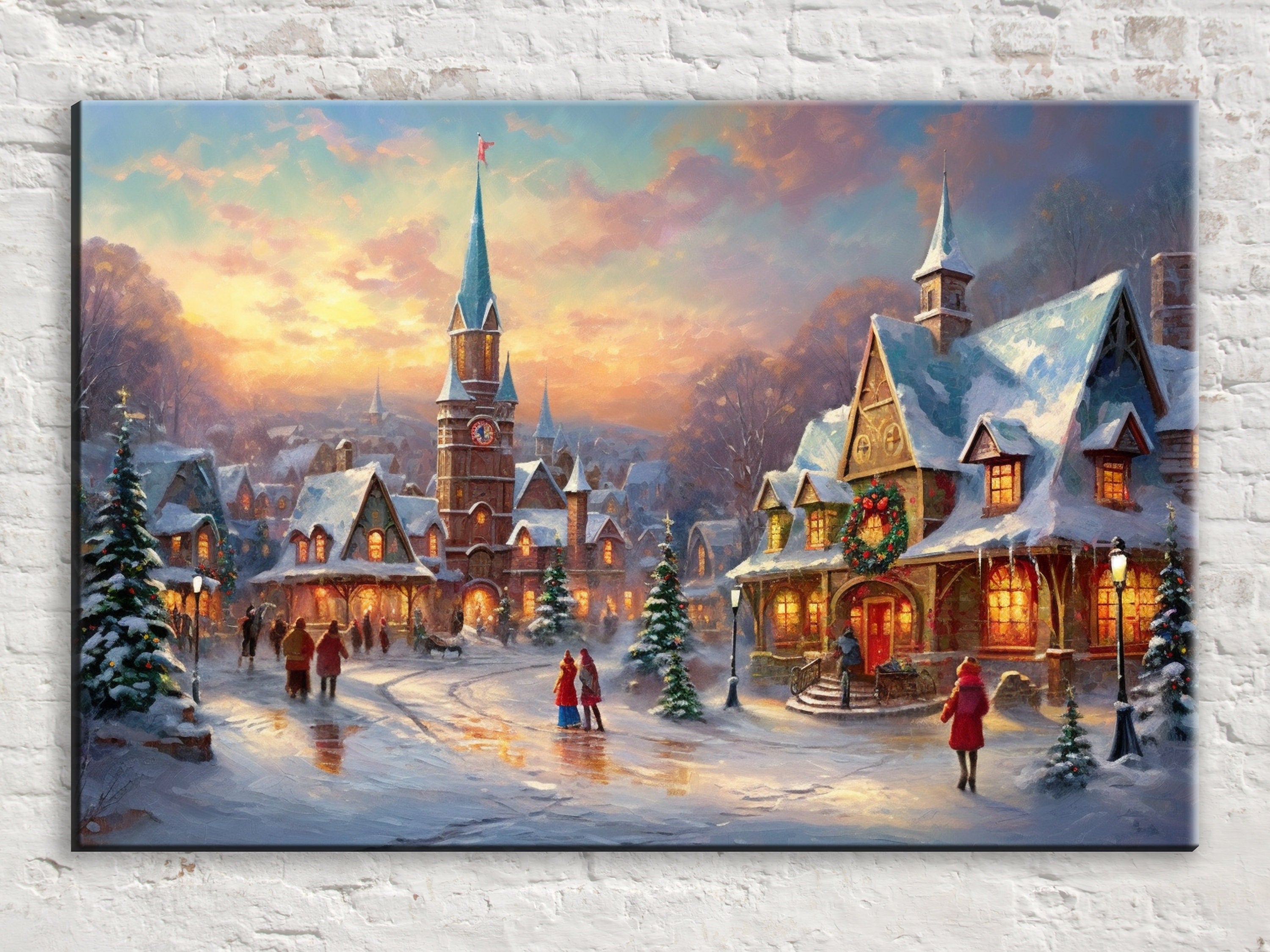 Victorian Christmas Wall Art - Vintage Christmas Village on Gallery Wrapped Canvas, Large Holiday Decor