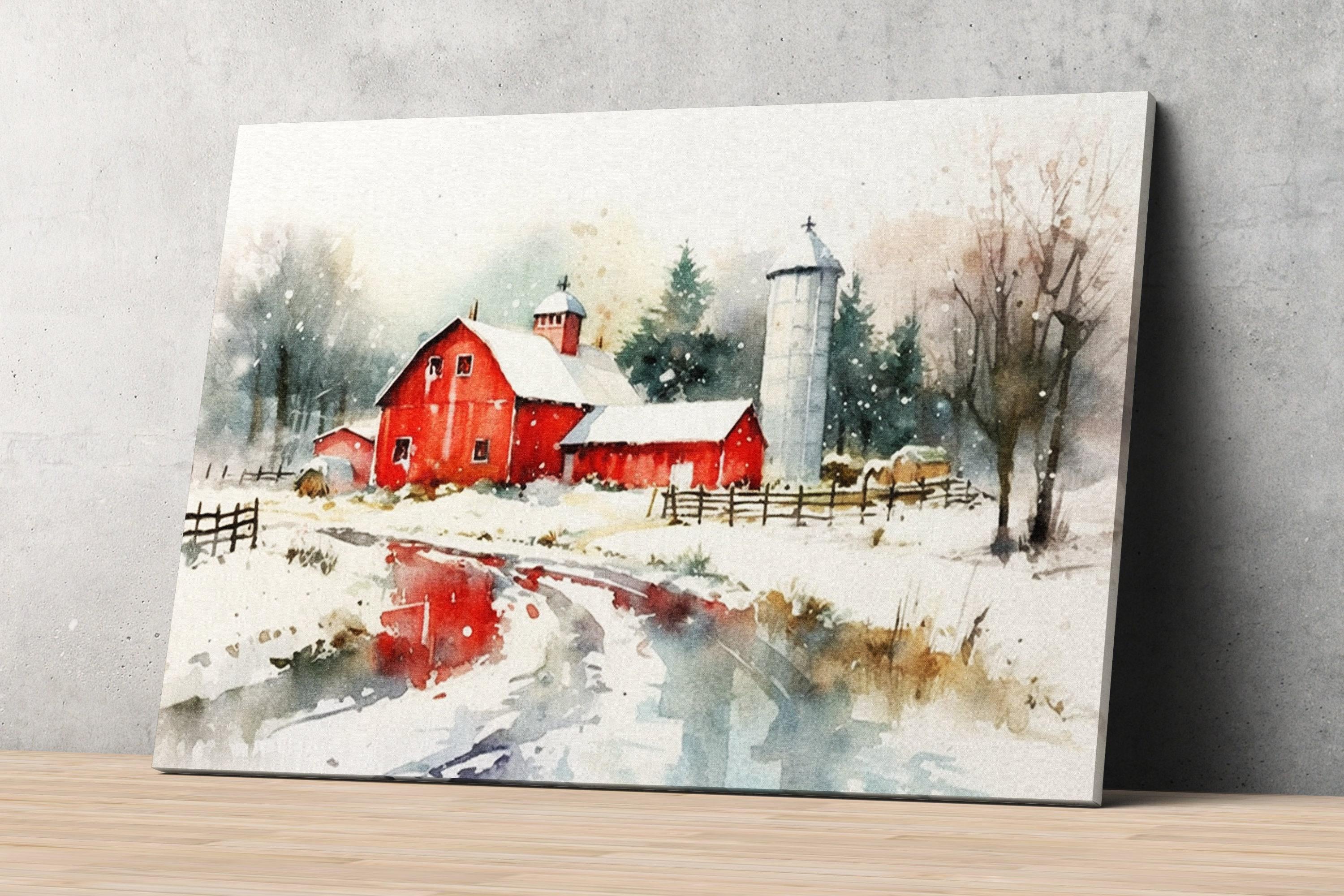 Rural Christmas Watercolor - Festive Farmhouse Art, Giclee Print on Canvas, Artist Paper, Watercolor Paper, Available in Extra Large Sizes