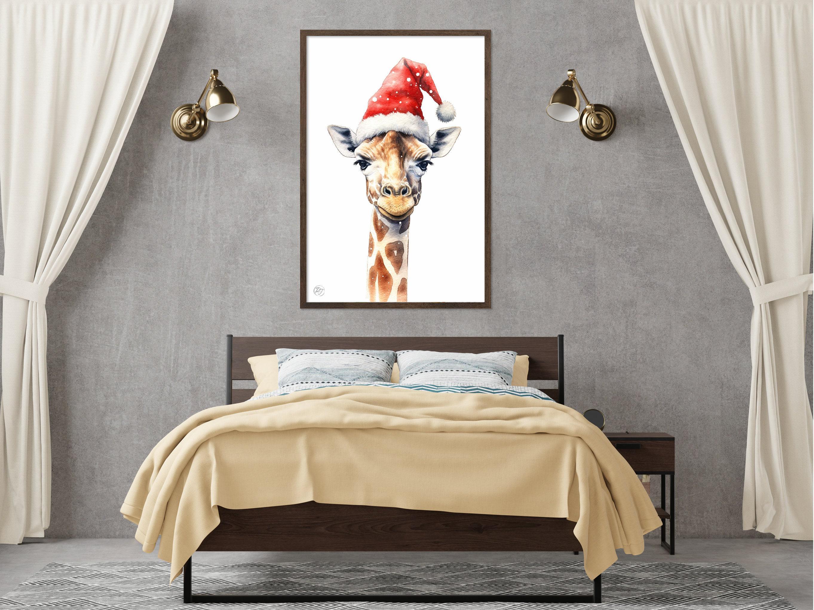 Festive Giraffe in Santa Hat Watercolor Art Print, Giclee Print on Canvas, Artist Paper, Watercolor Paper, Available in Extra Large Sizes