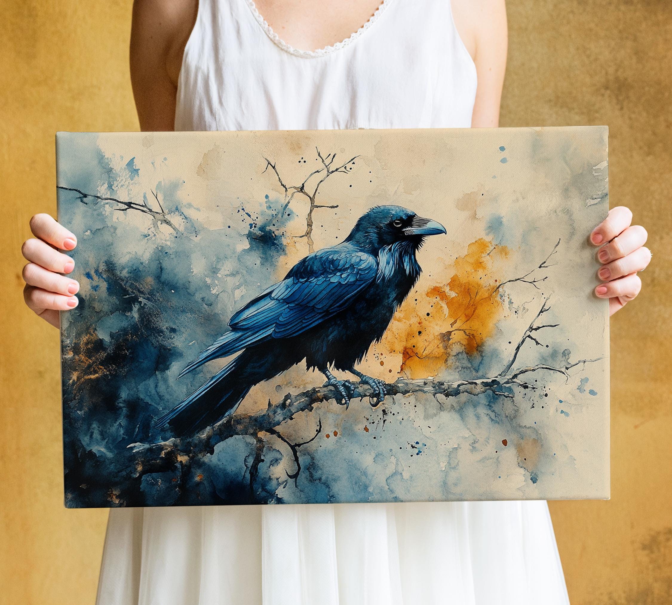 A person is holding a framed painting of a black bird, likely a crow, perched on a branch.
