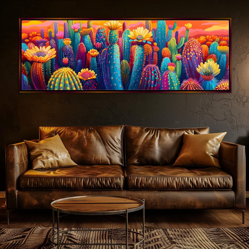 Desert Saguaro Canvas - Panoramic Wall Art | Oversized Gallery Wrap | Vibrant Cactus Bloom Painting