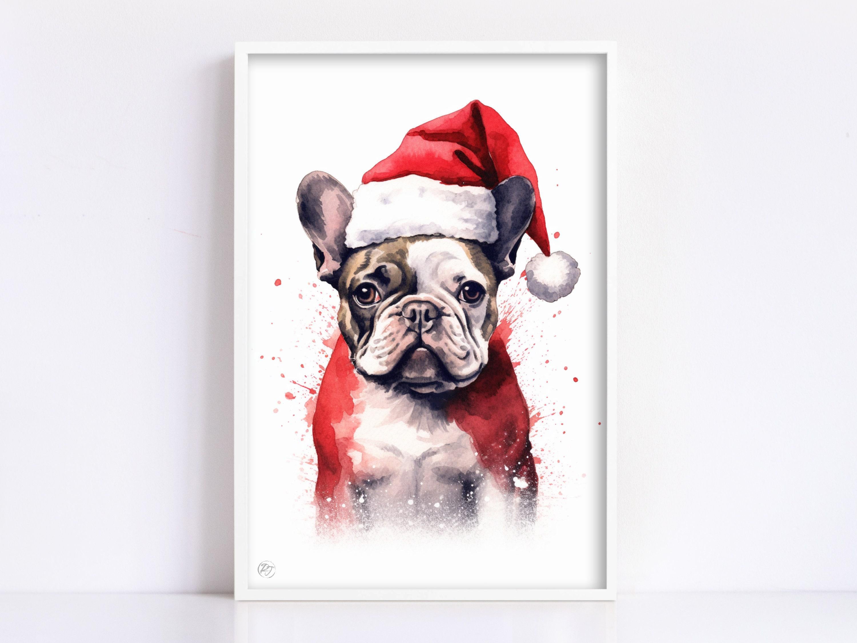 Christmas French Bulldog - Watercolor Frenchie Art, Giclee Print on Canvas, Artist Paper, Watercolor Paper, Available in Extra Large Sizes