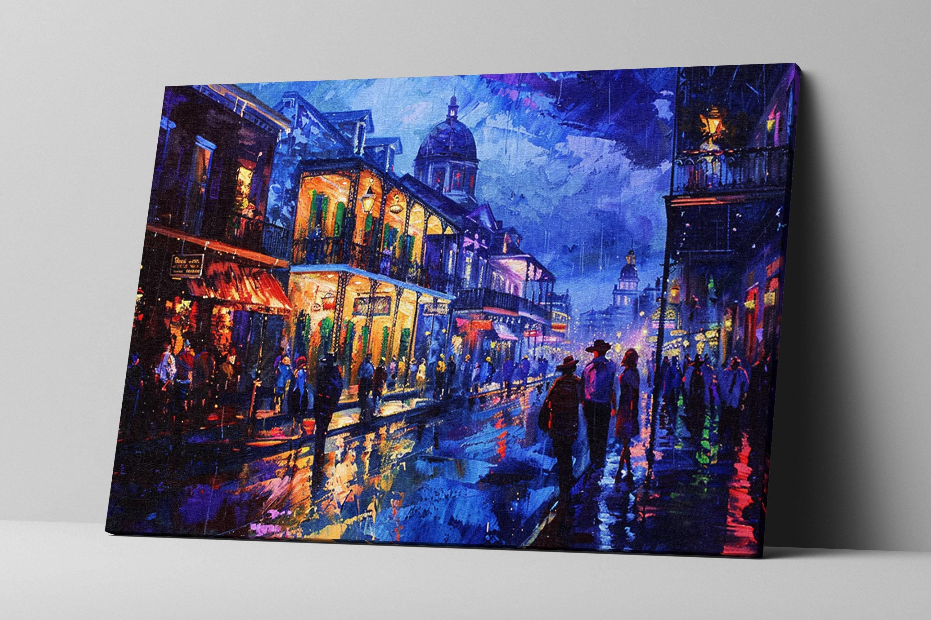 The image is a vibrant painting depicting a lively street scene in New Orleans, Louisiana, with colorful buildings, people, and a rainy atmosphere.