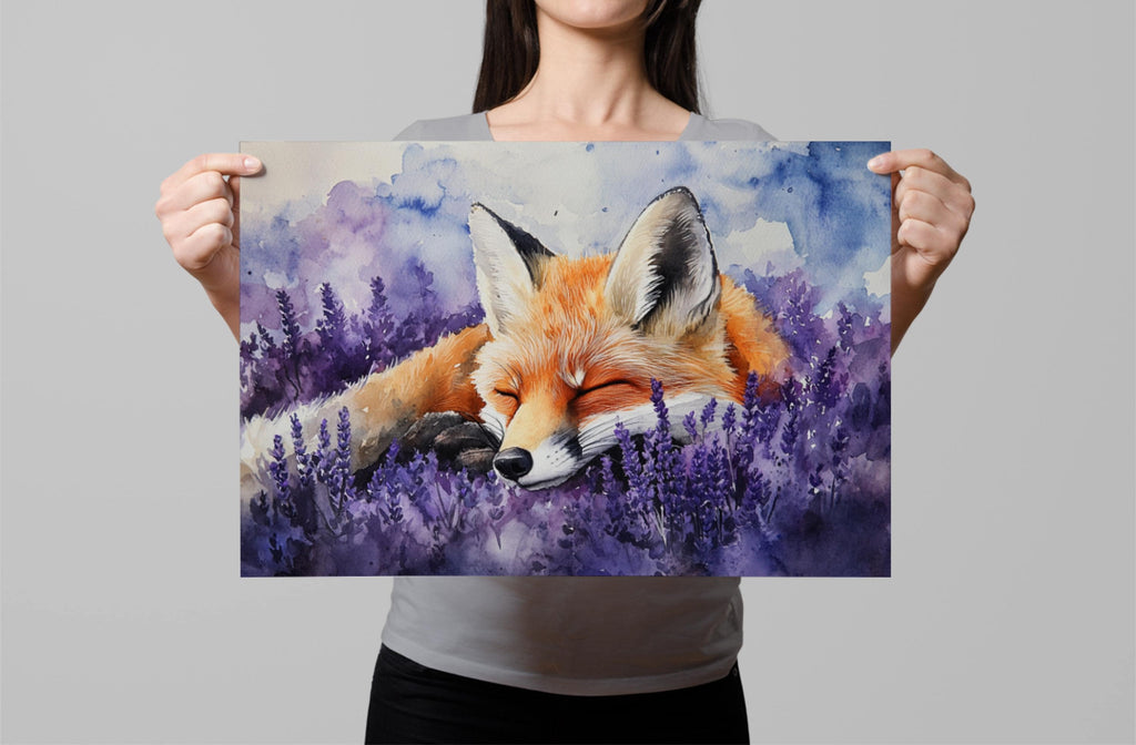 A woman holds up a framed painting of a sleeping fox in a field of purple flowers.