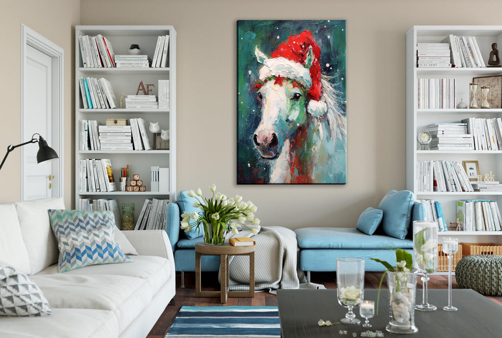 Horse Christmas Canvas - Festive Horse Painting on Gallery Wrapped Canvas for Holiday Home Decor