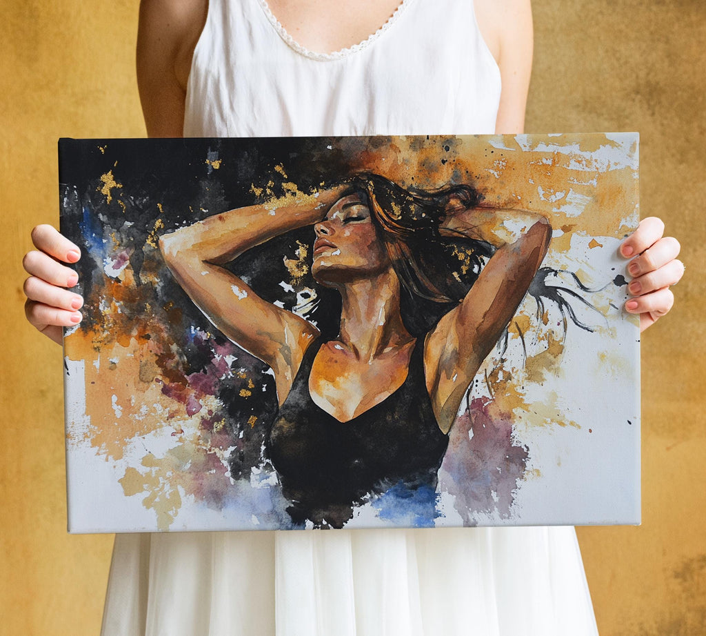 A woman holding a painting of a woman with her arms raised.