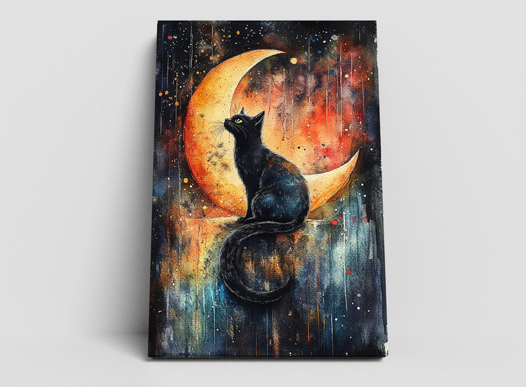 A black cat sitting on a crescent moon, gazing upwards into the night sky.