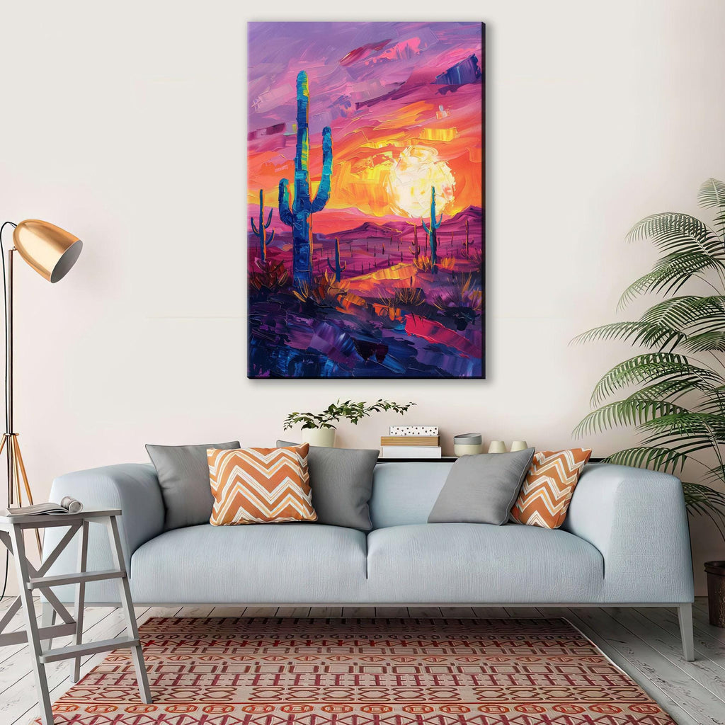Desert Saguaro Canvas – Southwest Wall Art | Gallery Wrapped Sunset Cactus Silhouette Print