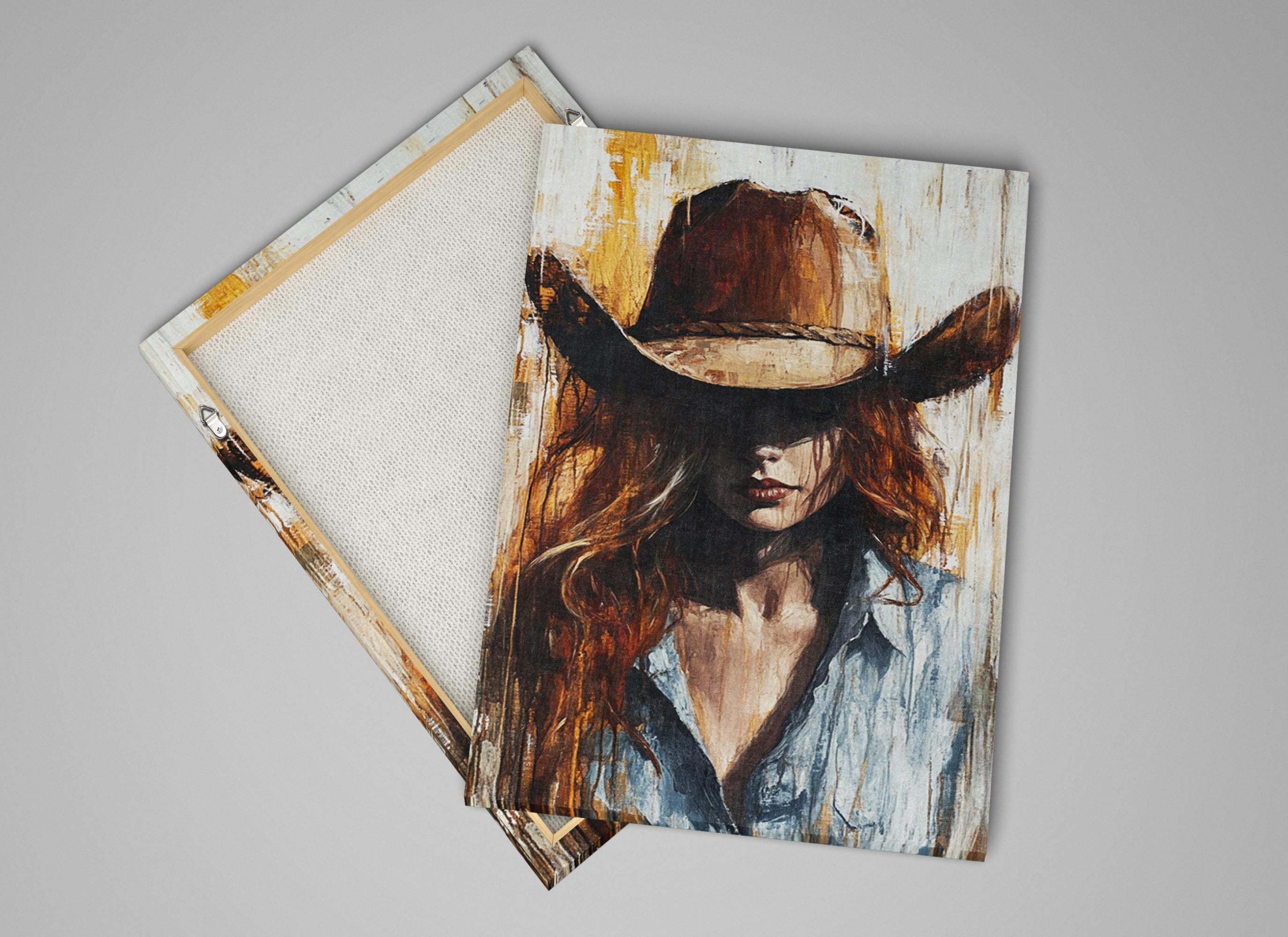 a painting of a woman wearing a cowboy hat
